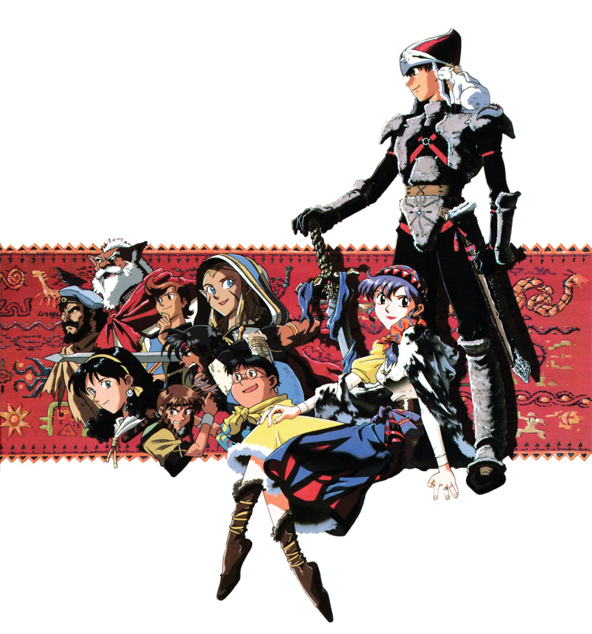 1990s_(style), 4girls, 6+boys, alex_noah, beard, black_eyes, black_hair, blonde_hair