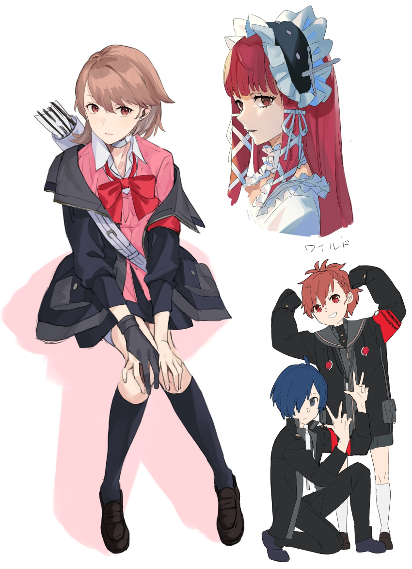 1boy, 3girls, absurdres, armband, arms_up, arrow_(projectile), black_gloves, black_jacket
