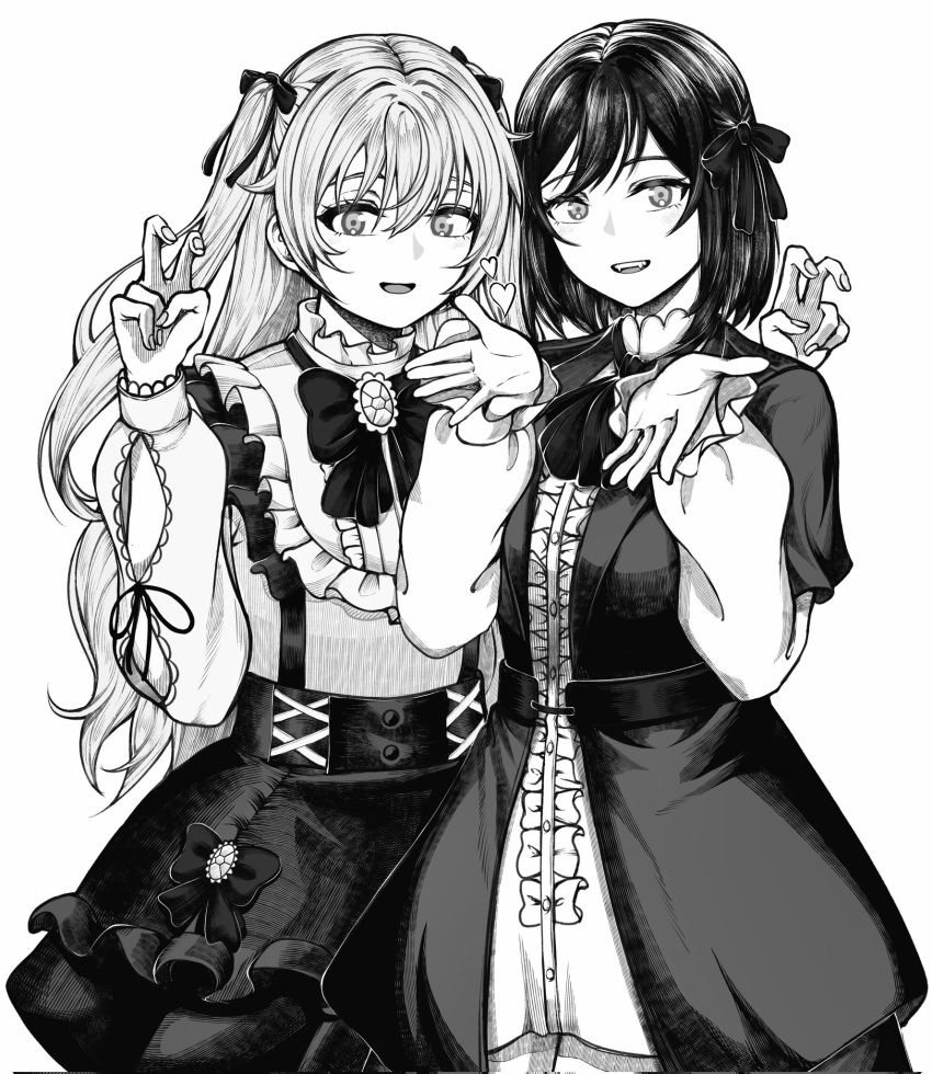 2girls, air_quotes, ascot, bow, center_frills, commentary_request, cooking_with_love, fangs