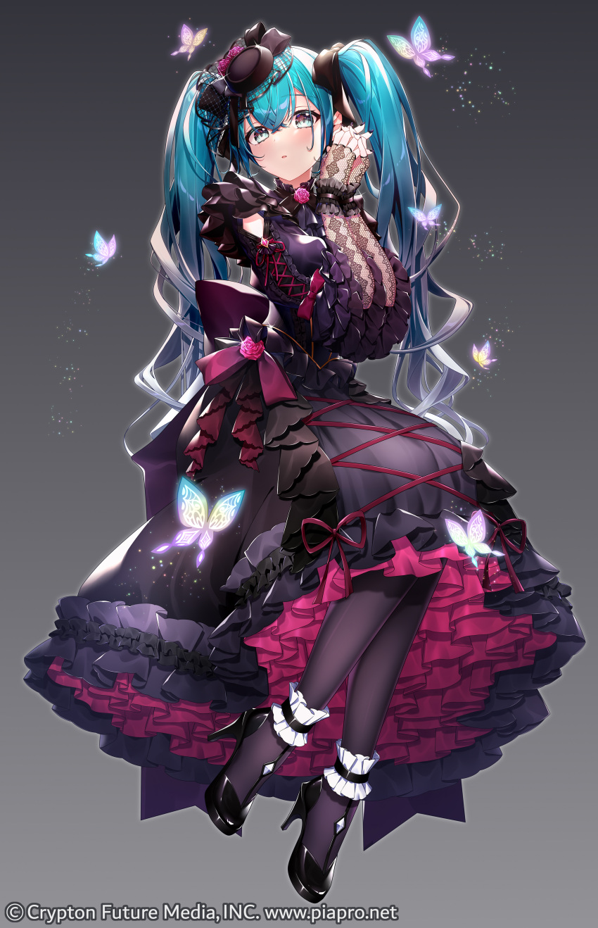 1girl, absurdres, aqua_eyes, aqua_hair, black_pantyhose, black_ribbon, blush, bug, butterfly, commentary_request, copyright_notice, cross-laced_clothes, dress, eyelashes, fingerless_gloves, flower, frilled_dress, frills, full_body, gari_(apollonica), gloves, glowing_butterfly, gradient_background, gradient_hair, grey_background, hair_between_eyes, hair_ribbon, hatsune_miku, hatsune_miku_graphy_collection, high_heels, highres, lace, lace_gloves, lace_trim, lolita_fashion, long_dress, long_hair, looking_at_viewer, multicolored_hair, official_art, own_hands_together, pantyhose, pink_flower, pink_rose, ribbon, rose, shiny_clothes, solo, sparkle, twintails, very_long_hair, vocaloid, wavy_ends