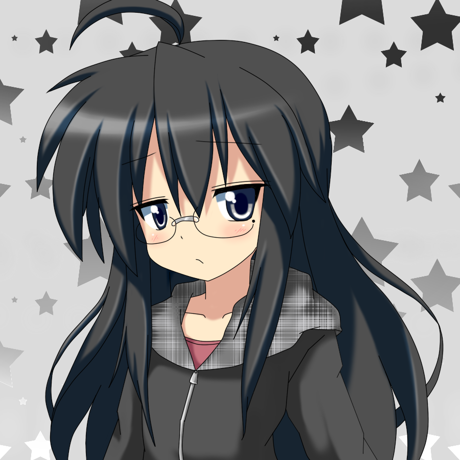 black_eyes, black_hair, blue_eyes, blush, glasses, hoodie, izumi_konata, kurokona