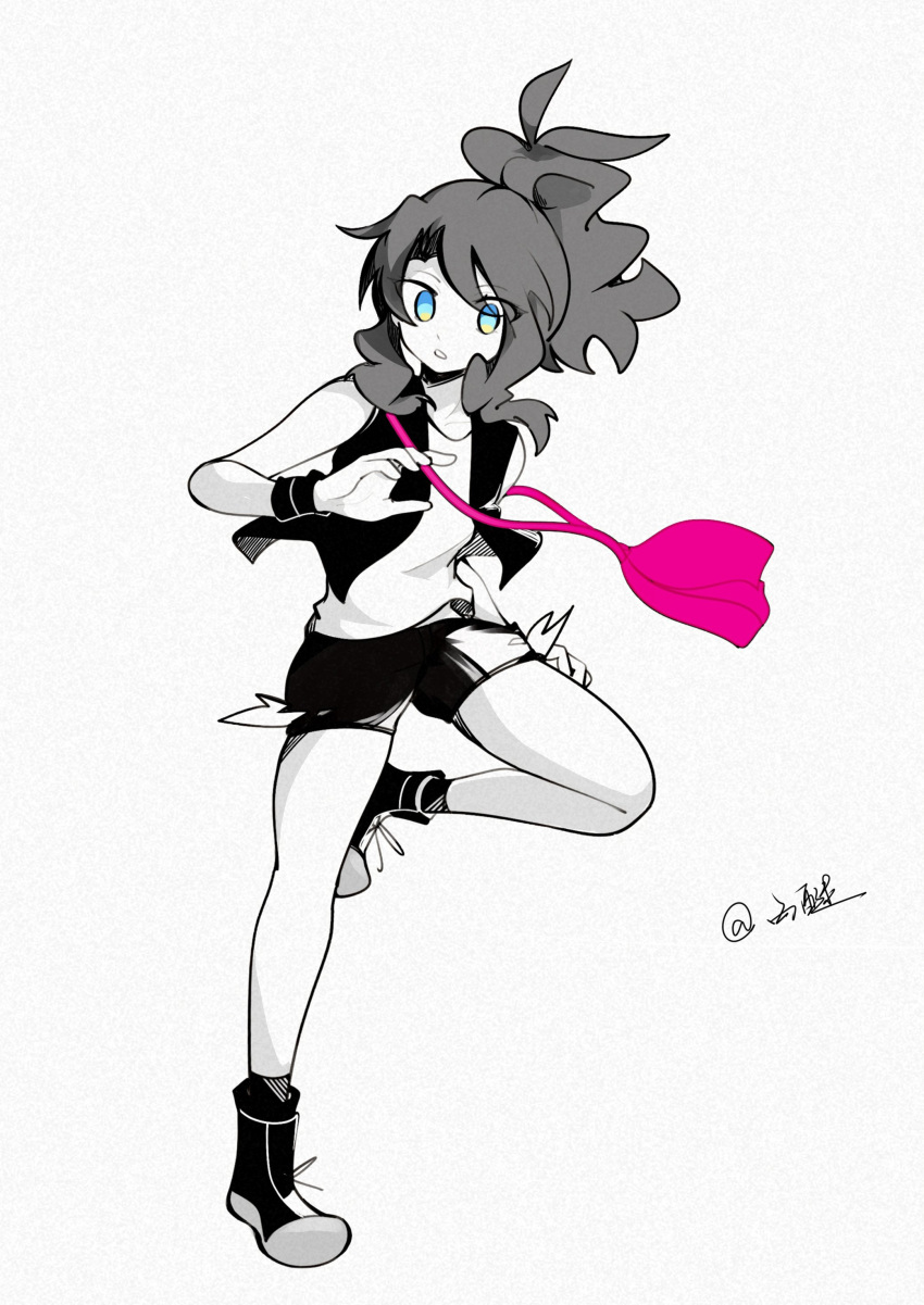 1girl, absurdres, bag, blue_eyes, boots, c6h14o0918, full_body, greyscale