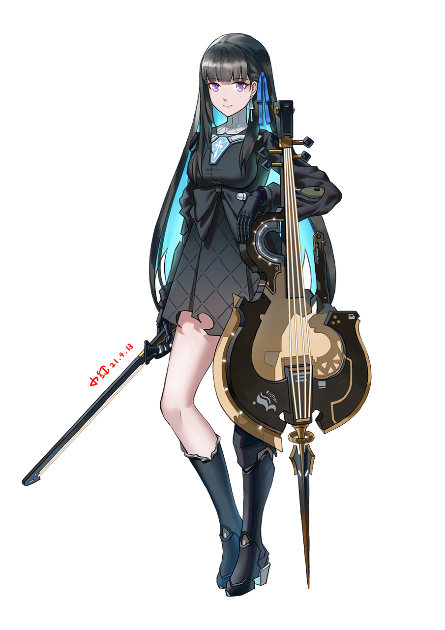 1girl, black_bow, black_dress, black_footwear, black_hair, blue_hair, blue_ribbon, bow