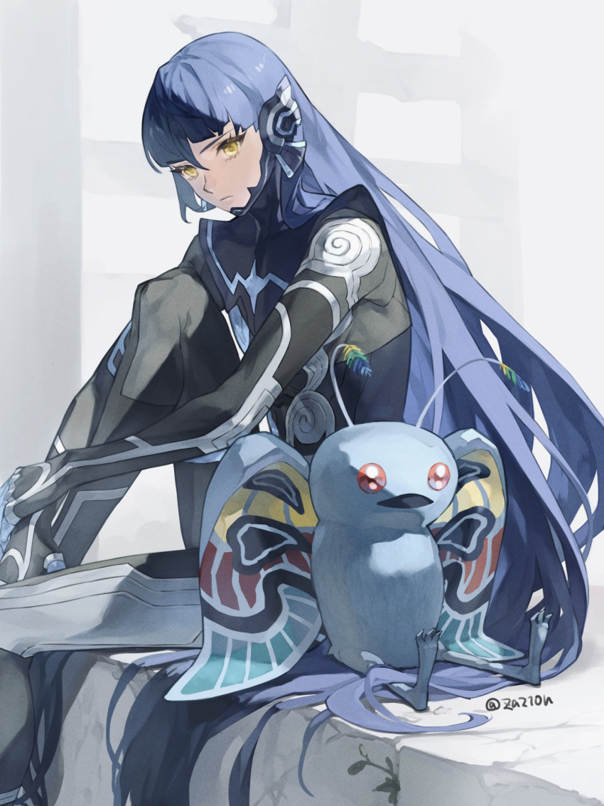 1boy, antennae, artist_name, black_bodysuit, blue_fur, blue_hair, bodysuit, closed_mouth