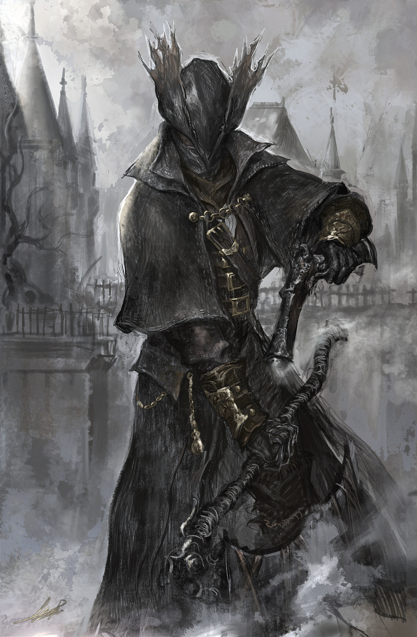 1other, absurdres, ambiguous_gender, black_capelet, black_coat, black_hat, bloodborne, building, capelet, coat, commentary, grey_sky, gun, handgun, hat, highres, holding, holding_weapon, hunter_(bloodborne), junjiuk, mask, mouth_mask, outdoors, saw, saw_cleaver, signature, sky, smoke, tricorne, weapon