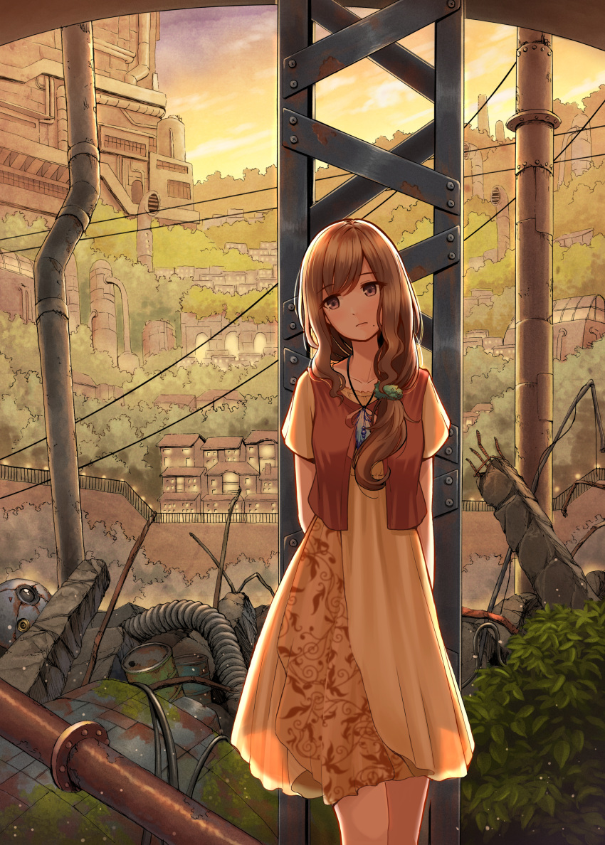 1girl, absurdres, arms_behind_back, brown_eyes, brown_hair, bush, closed_mouth, collarbone