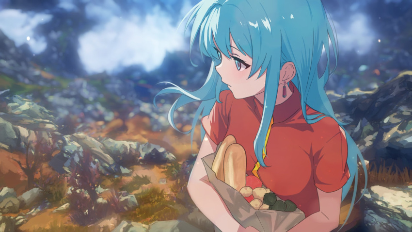 1girl, ahonoko, aqua_eyes, aqua_hair, bag, bread, closed_mouth, earrings, eirika_(fire_emblem), fire_emblem, fire_emblem:_the_sacred_stones, food, highres, holding, holding_bag, jewelry, long_hair, looking_to_the_side, outdoors, red_shirt, shirt, short_sleeves, sidelocks, solo, upper_body