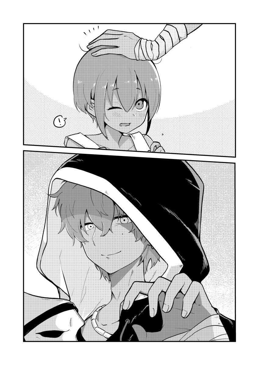 1boy, 1girl, aged_down, bandaged_arm, bandages, dark-skinned_female, dark-skinned_male, dark_skin