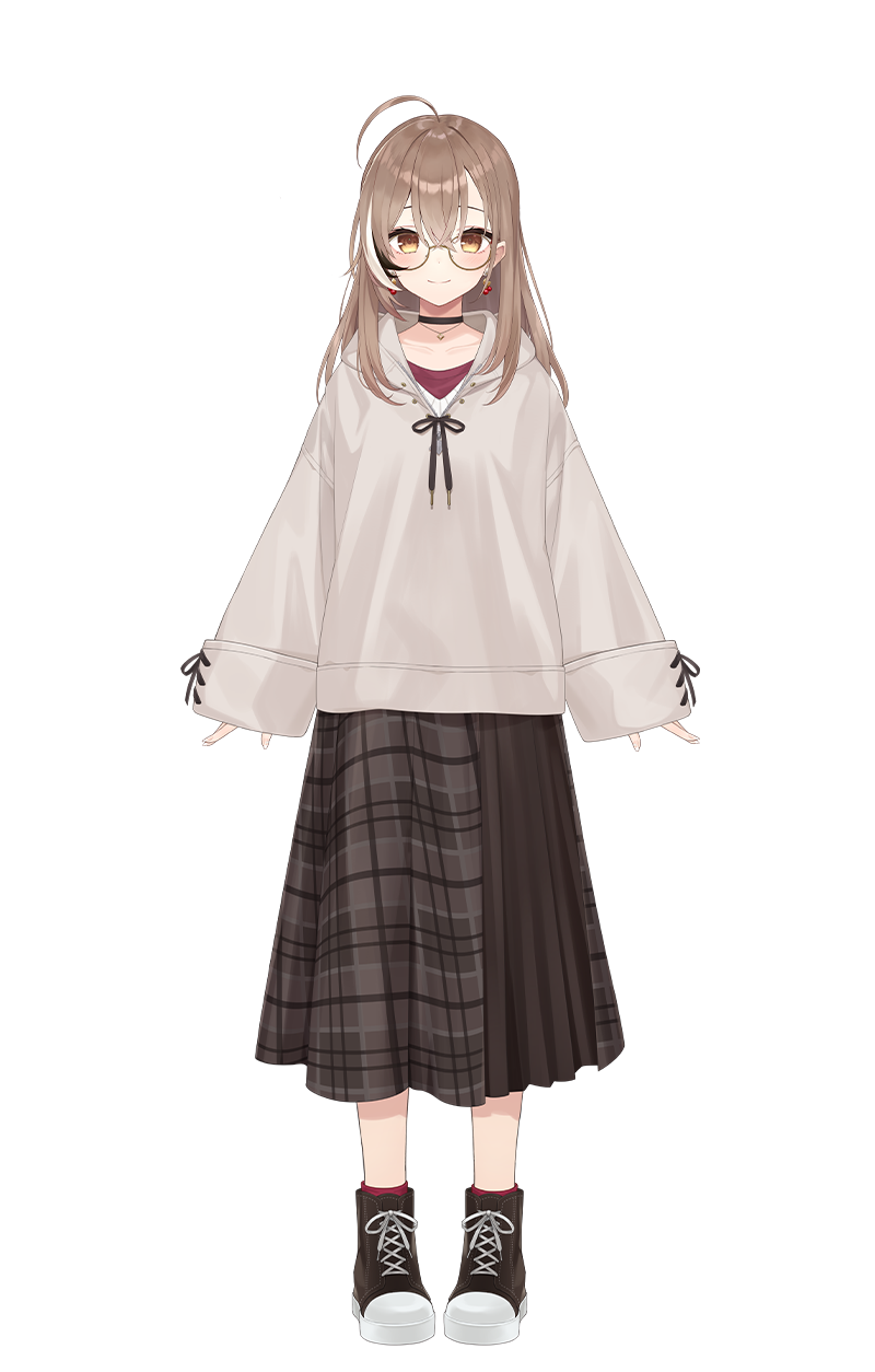 1girl, azuuru, berry, black_choker, brown_eyes, brown_footwear, brown_hair, brown_hoodie, brown_skirt, choker, earrings, ears_through_headwear, food-themed_earrings, glasses, high_tops, highres, hololive, hololive_english, hood, hoodie, jewelry, long_skirt, multicolored_hair, nail_art, nanashi_mumei, nanashi_mumei_(casual), necklace, official_alternate_costume, official_art, oversized_clothes, plaid, plaid_skirt, pleated_skirt, red_shirt, red_socks, round_eyewear, runes, shirt, shoes, skirt, sleeves_past_wrists, sneakers, socks, streaked_hair, sweater, virtual_youtuber, white_sweater