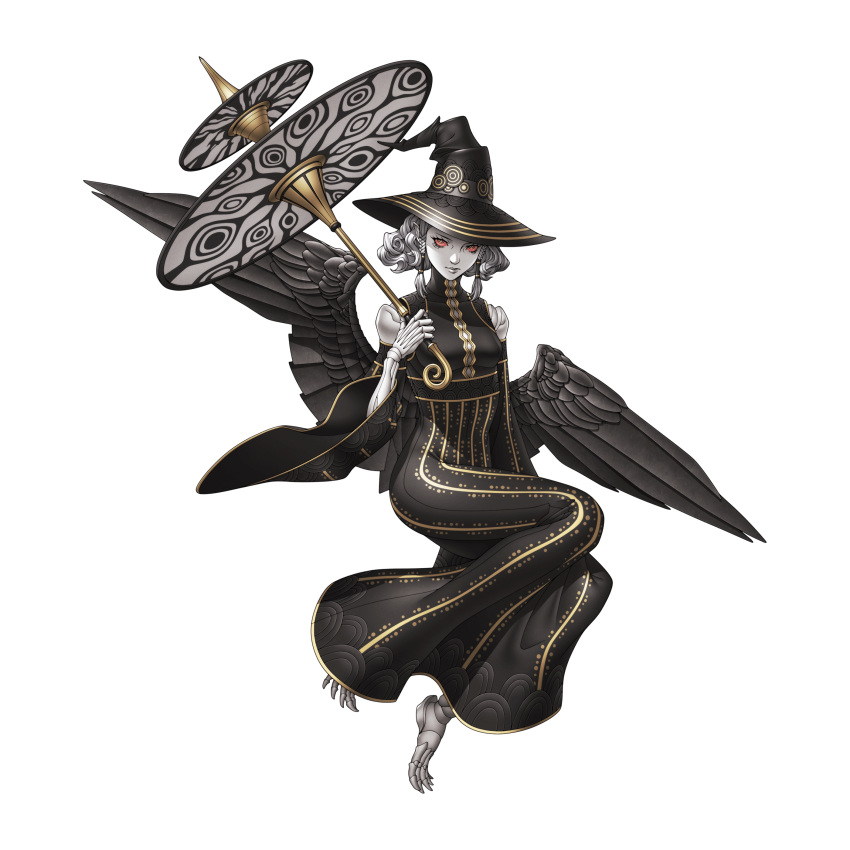 1girl, absurdres, agrat_bat_mahlat_(megami_tensei), barefoot, black_dress, black_hat, black_wings, closed_mouth
