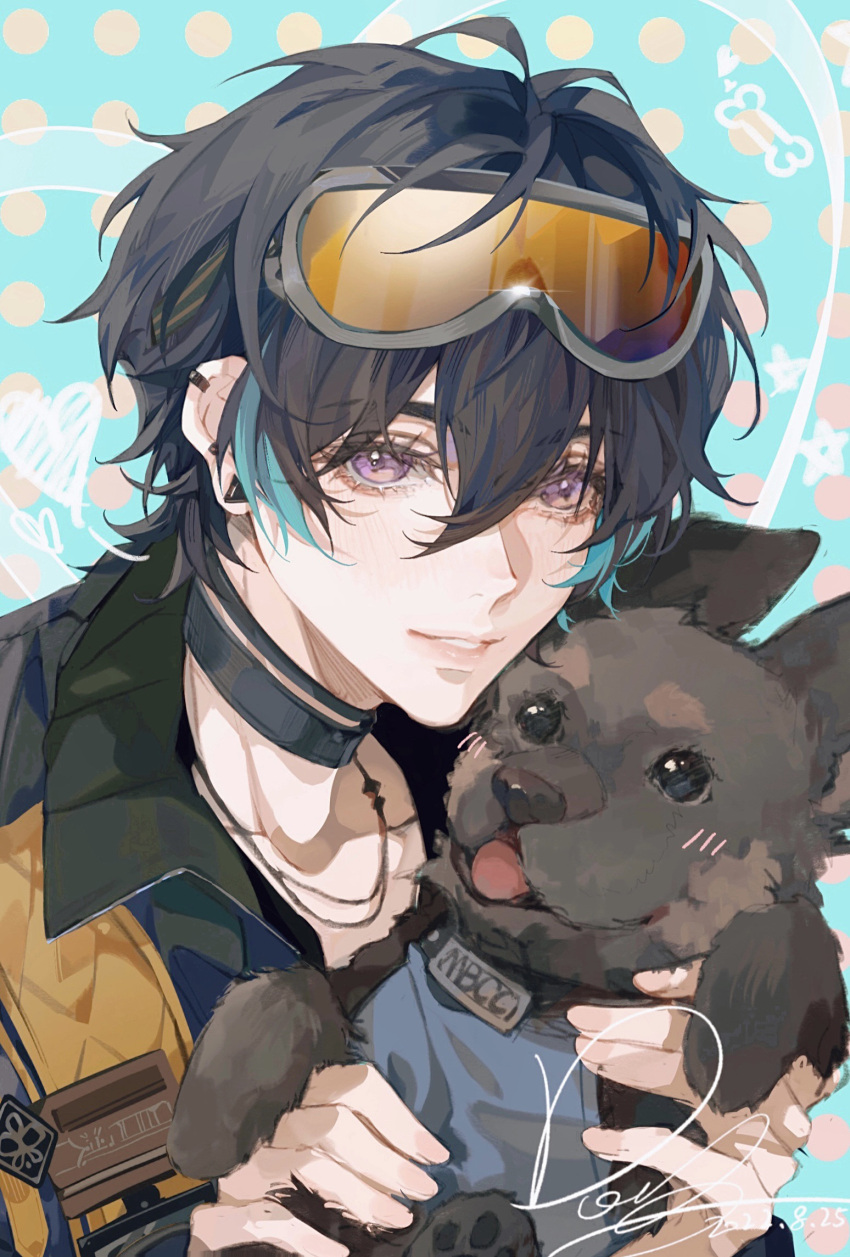1girl, animal, black_choker, black_hair, black_jacket, blue_background, blush, brown_dog