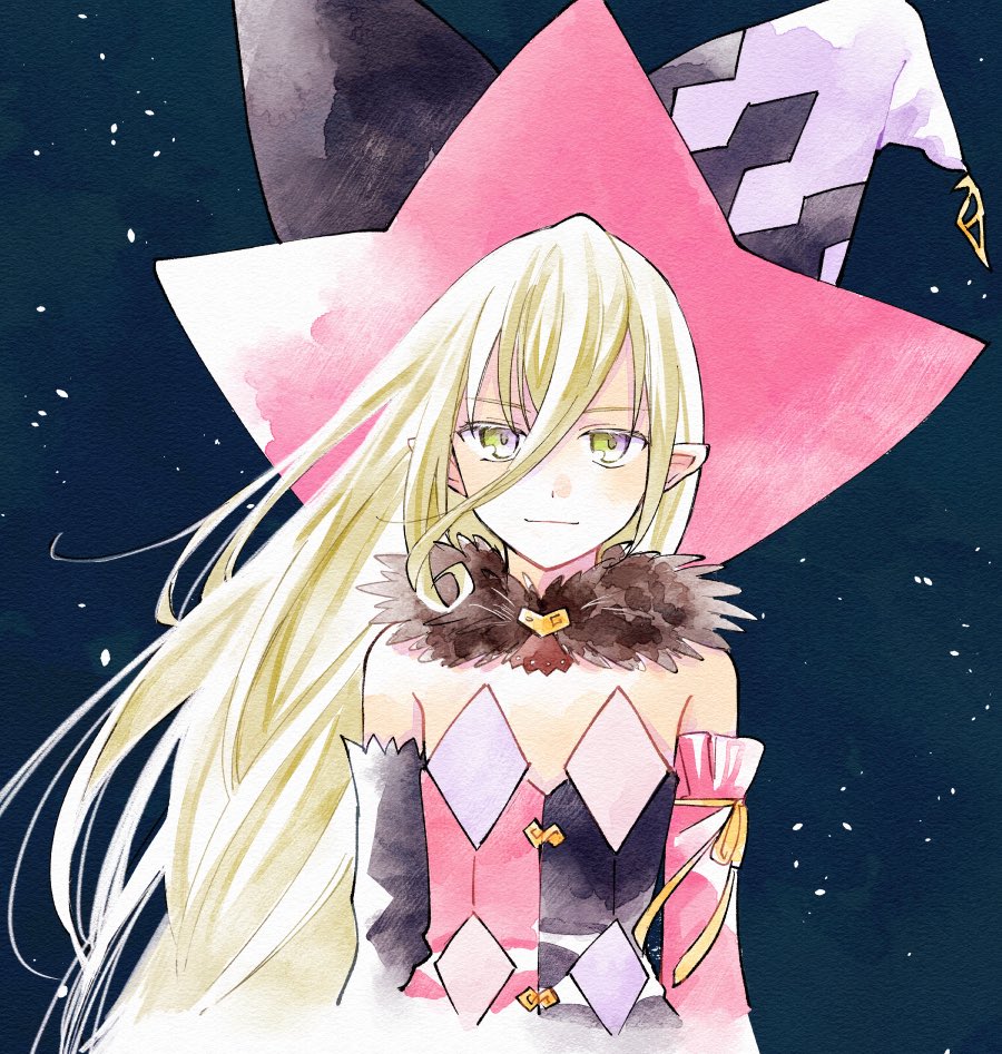 1girl, bare_shoulders, black_dress, blonde_hair, blue_background, closed_mouth, detached_sleeves, dress