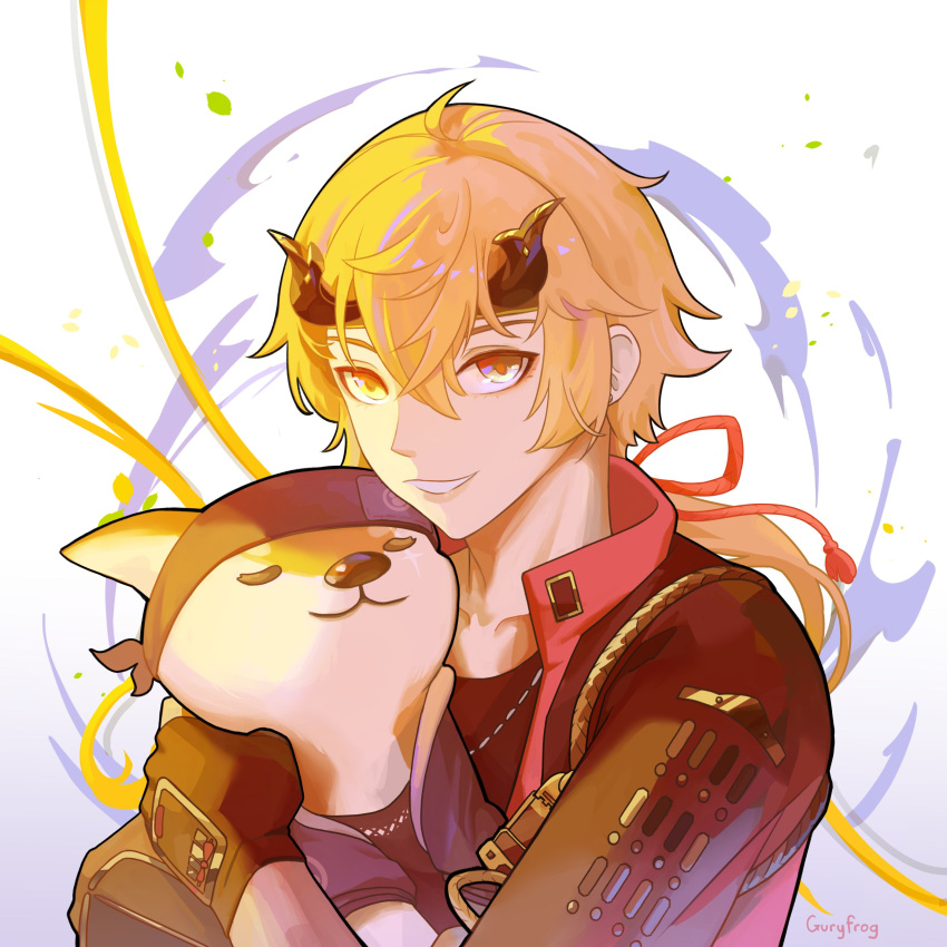 1boy, absurdres, ahoge, animal, artist_name, black_gloves, black_jacket, black_shirt