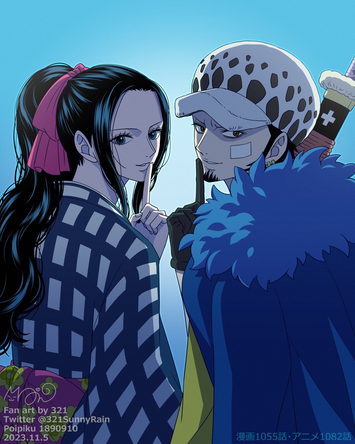 1boy, 1girl, 321, 2023, black_hair, blue_eyes, cape, coat