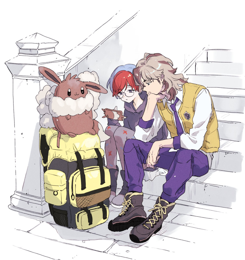 1boy, 1girl, arven_(pokemon), backpack, bag, blue_hair, brown_background, brown_hair