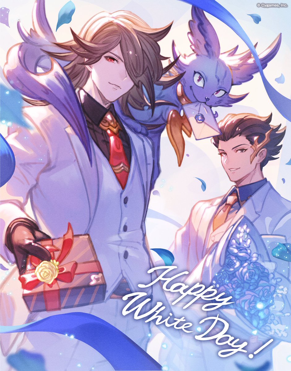 1other, 2boys, arm_up, baal_(granblue_fantasy), bishounen, black_gloves, black_hair, blue_flower
