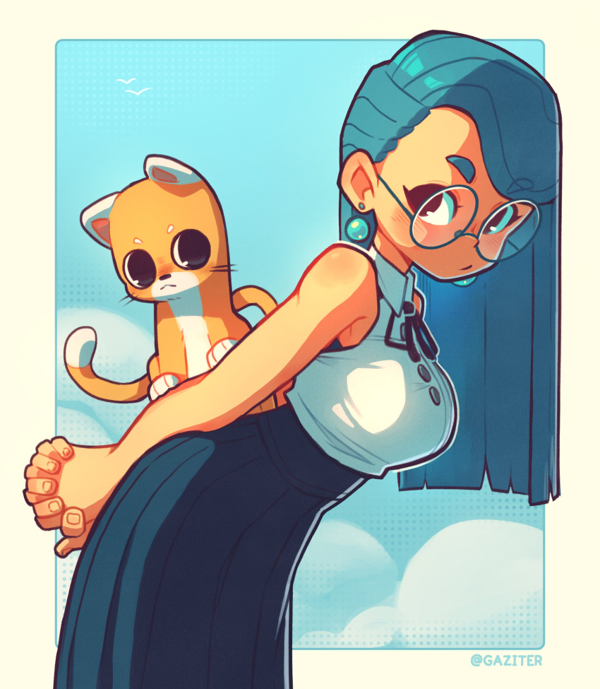 1girl, absurdres, artist_name, black_eyes, blue-framed_eyewear, blue_eyes, blue_hair, blue_skirt