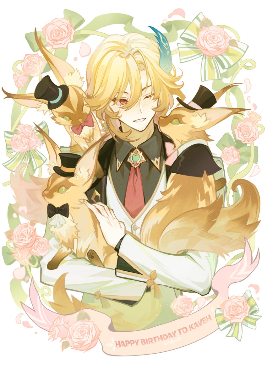 1boy, animal, black_bow, black_bowtie, black_hat, black_shirt, blonde_hair, blush