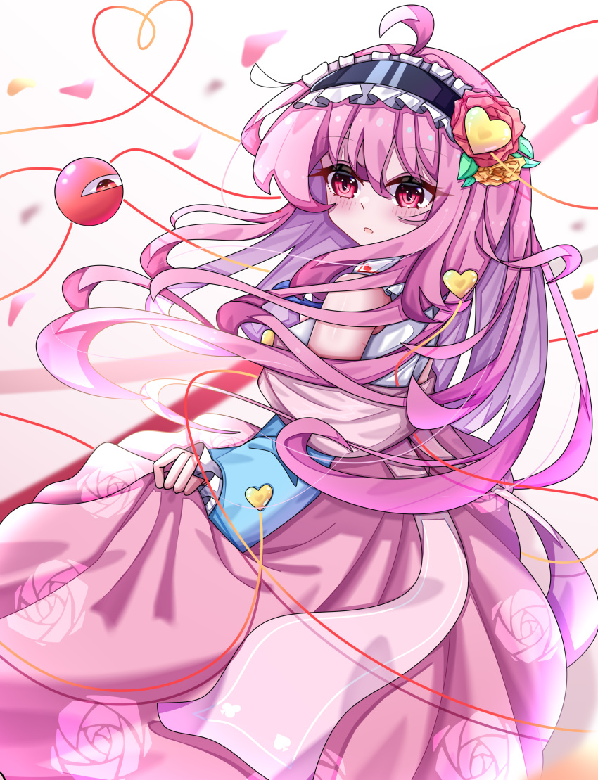1girl, absurdres, black_hairband, blush, commentary_request, eyeball, falling_petals, floral_print