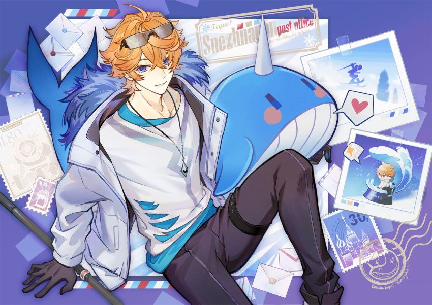 1boy, ahoge, arm_support, black_gloves, black_pants, blue_background, blue_eyes, blue_shirt