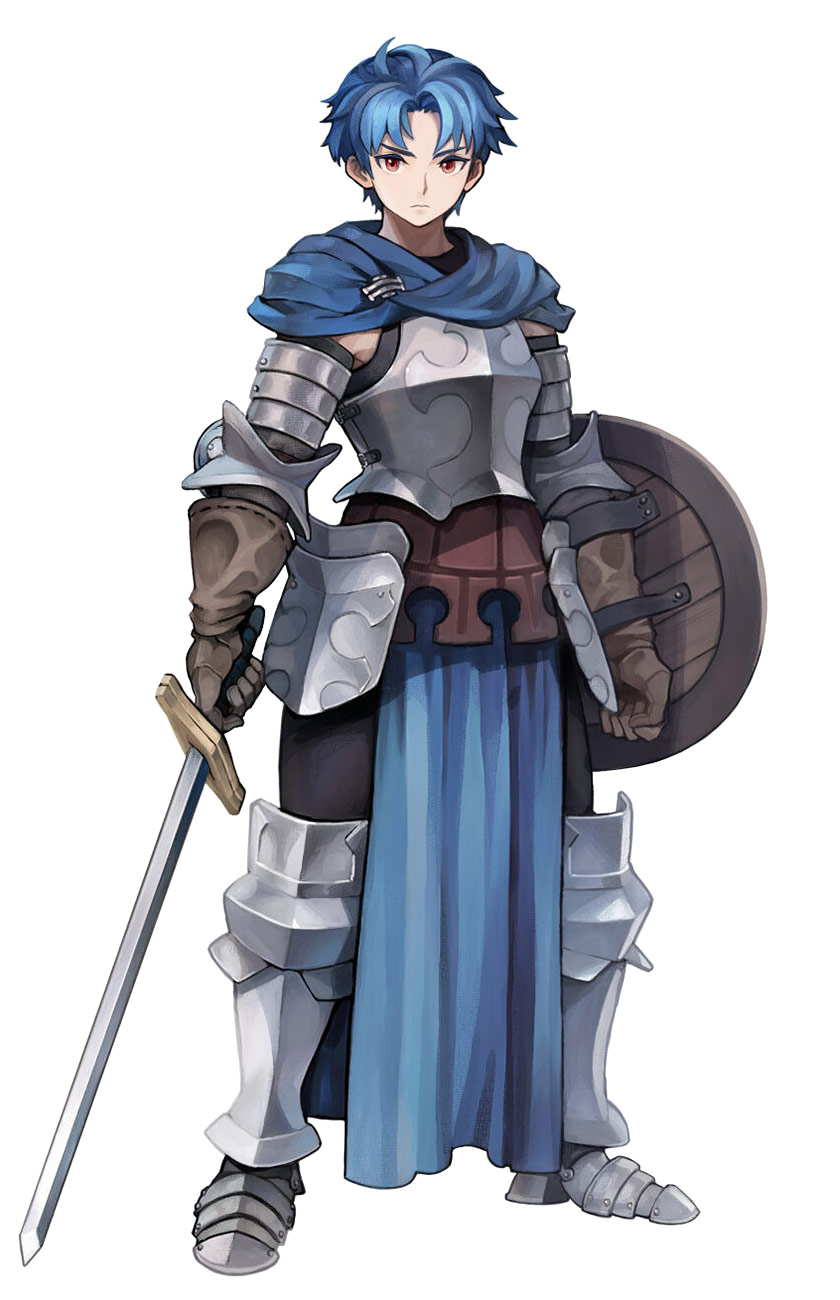 1boy, alain_(unicorn_overlord), armor, blue_hair, blue_scarf, brown_gloves, full_body, gauntlets