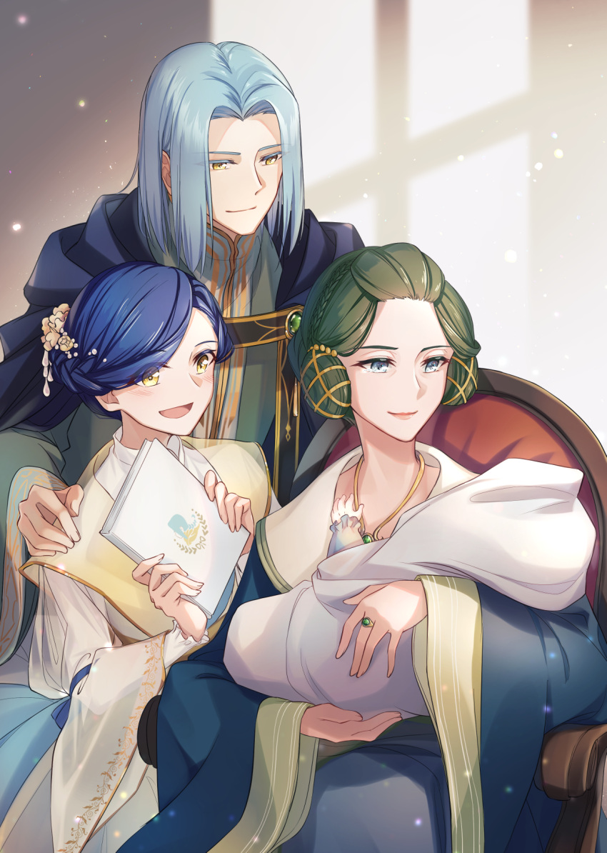 1boy, 2girls, :d, baby, blue_hair, book, braid, cape