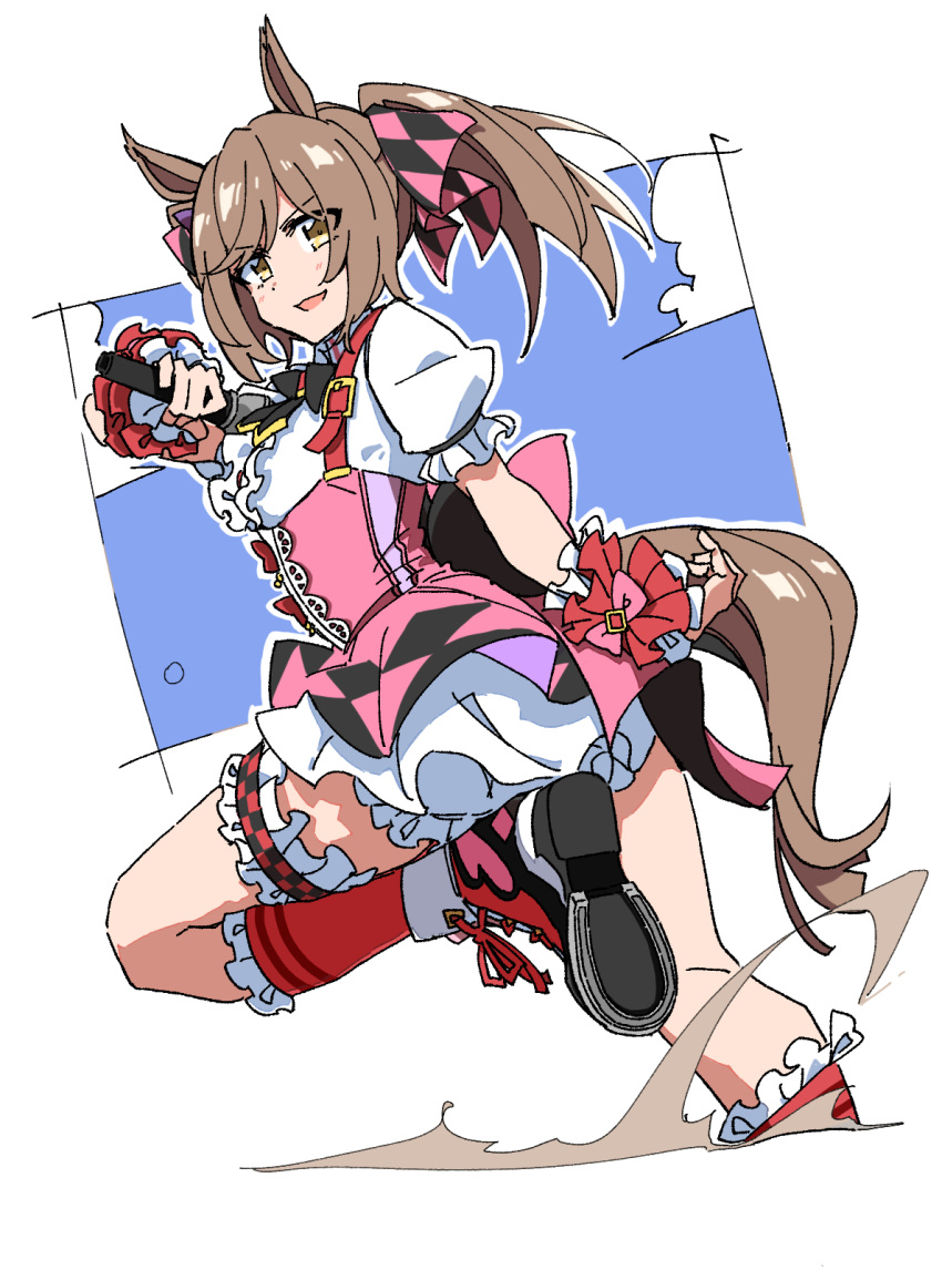 1girl, animal_ears, argyle_bow, bow, breasts, brown_eyes, brown_hair, clouds, durindana_7, ear_ornament, hair_between_eyes, hair_bow, highres, horse_ears, horse_girl, horse_tail, horseshoe, leg_up, looking_at_viewer, medium_hair, microphone, pink_bow, red_footwear, shirt, shoes, skirt, smart_falcon_(umamusume), smile, solo, tail, twintails, umamusume