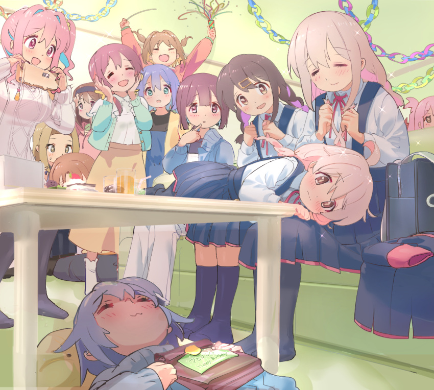 6+girls, :3, :d, ahoge, aqua_eyes, bag, birthday_party, black_hair, black_skirt, blonde_hair, blue_hair, blunt_bangs, blunt_ends, braid, braiding_hair, brown_eyes, brown_hair, bush, cake, cellphone, closed_eyes, colored_inner_hair, commentary, couch, cup, drinking_glass, embarrassed, everyone, food, fujimi_nemu, fushimi_nodoka, grey_hair, hair_between_eyes, hair_ornament, hairband, hairclip, hairdressing, hands_on_own_cheeks, hands_on_own_face, holding, holding_phone, hozuki_kaede, hozuki_momiji, indoors, kyarahiba, lap_pillow, long_hair, long_sleeves, matching_outfits, mother_and_daughter, multicolored_hair, multiple_girls, murosaki_miyo, nagase_miyako, neck_ribbon, oka_asahi, on_couch, onii-chan_wa_oshimai!, open_mouth, oyama_mahiro, oyama_matsuri, oyama_mihari, pants, paper_chain, party_popper, phone, pink_eyes, pink_hair, pleated_skirt, purple_hair, red_ribbon, ribbon, school_bag, school_uniform, shiina_minori, shirt, short_hair, siblings, side_ponytail, sisters, sitting, skirt, sleeping, smartphone, smile, socks, sparkle, streamers, suspender_skirt, suspenders, sweater, table, takada_satsuki, tenkawa_nayuta, twin_braids, two-tone_hair, two_side_up, wavy_mouth, white_pants, white_shirt, white_sweater, yasaka_mai