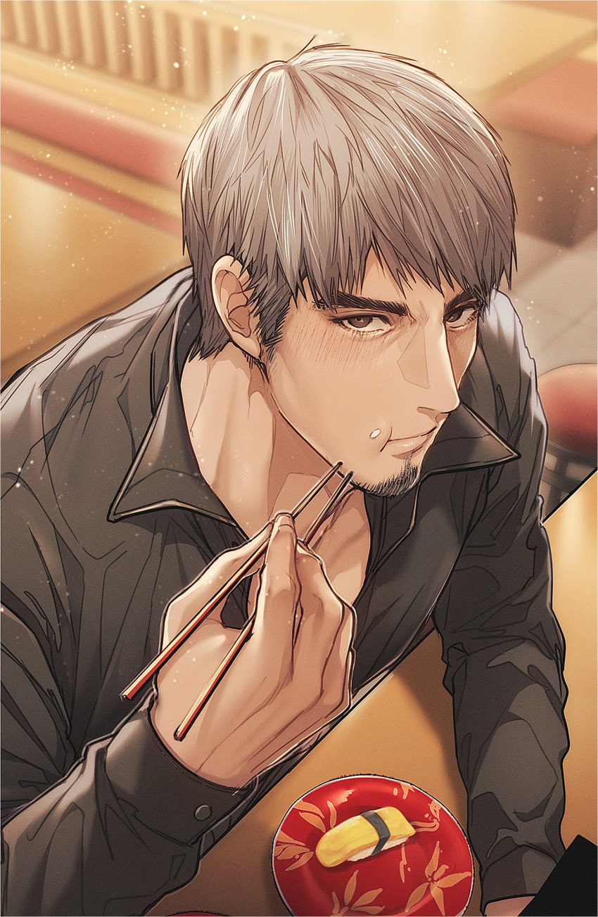 1boy, ame_daikirai, beard, black_eyes, black_shirt, chewing, chopsticks, closed_mouth, collared_shirt, facial_hair, grey_hair, hand_up, highres, holding, holding_chopsticks, indoors, kiryu_kazuma, long_sleeves, looking_at_viewer, male_focus, partially_unbuttoned, plate, ryuu_ga_gotoku_(series), ryuu_ga_gotoku_8, shirt, short_hair, solo, upper_body