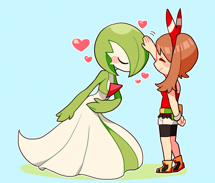 bike_shorts, blue_background, blush, bob_cut, bow, bowing, brown_hair, closed_eyes, colored_skin, dress, gardevoir, green_hair, hair_bow, headpat, heart, may_(pokemon), mommorua, multicolored_skin, pokemon, pokemon_(creature), pokemon_oras, red_bow, red_shirt, shirt, simple_background, smile, two-tone_skin, white_dress, white_skin