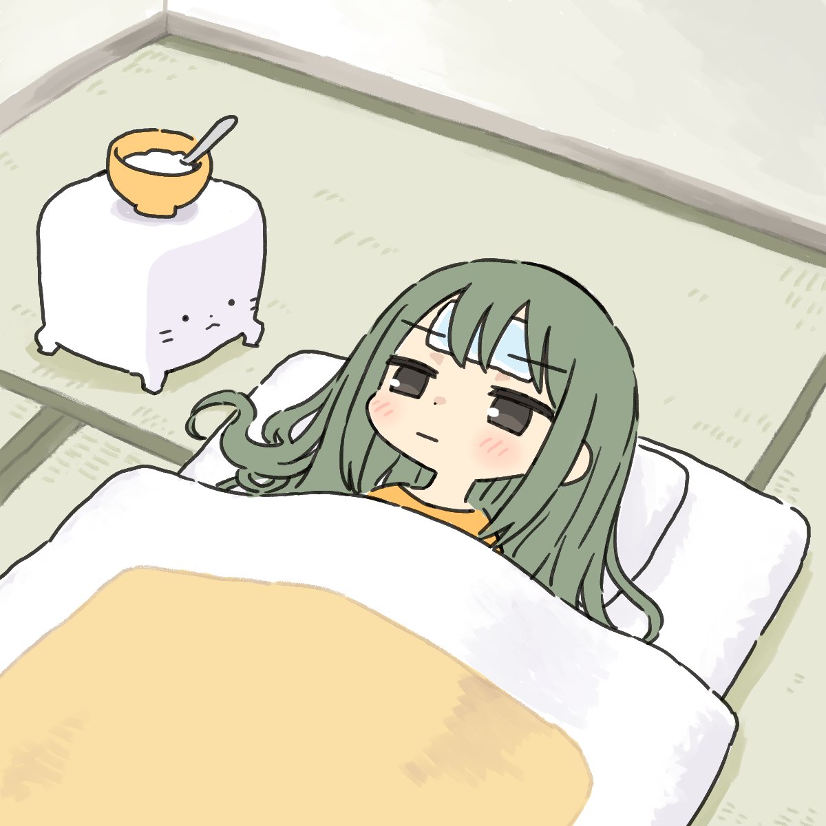 1girl, :|, black_eyes, blush, bowl, closed_mouth, cold_pack, creature