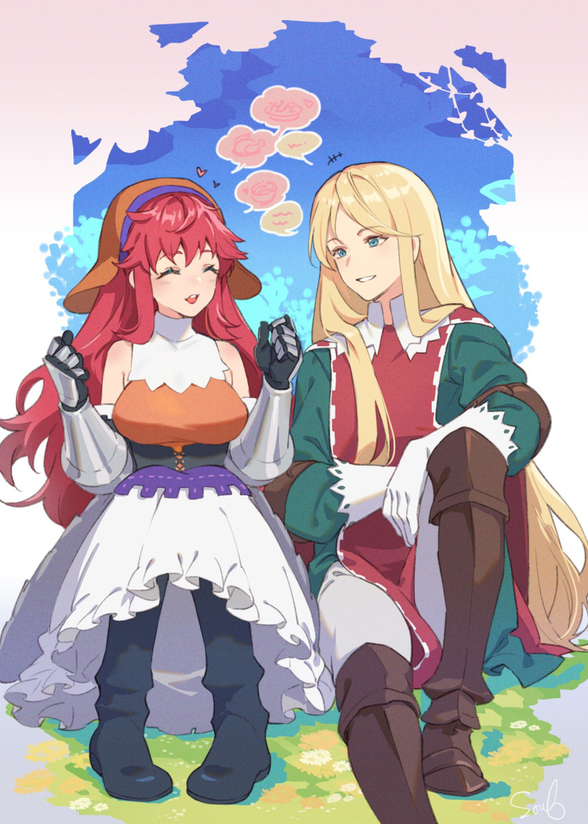 +++, 1boy, 1girl, ^_^, aramis_(unicorn_overlord), bare_shoulders, black_footwear, blue_eyes, blue_sky, boots, border, breasts, brown_footwear, closed_eyes, commentary_request, frilled_skirt, frills, gauntlets, heart, highres, large_breasts, long_hair, on_grass, open_mouth, ouosoul, outdoors, primm_(unicorn_overlord), redhead, sitting, skirt, sky, smile, spoken_object, teeth, unicorn_overlord, white_border, white_skirt