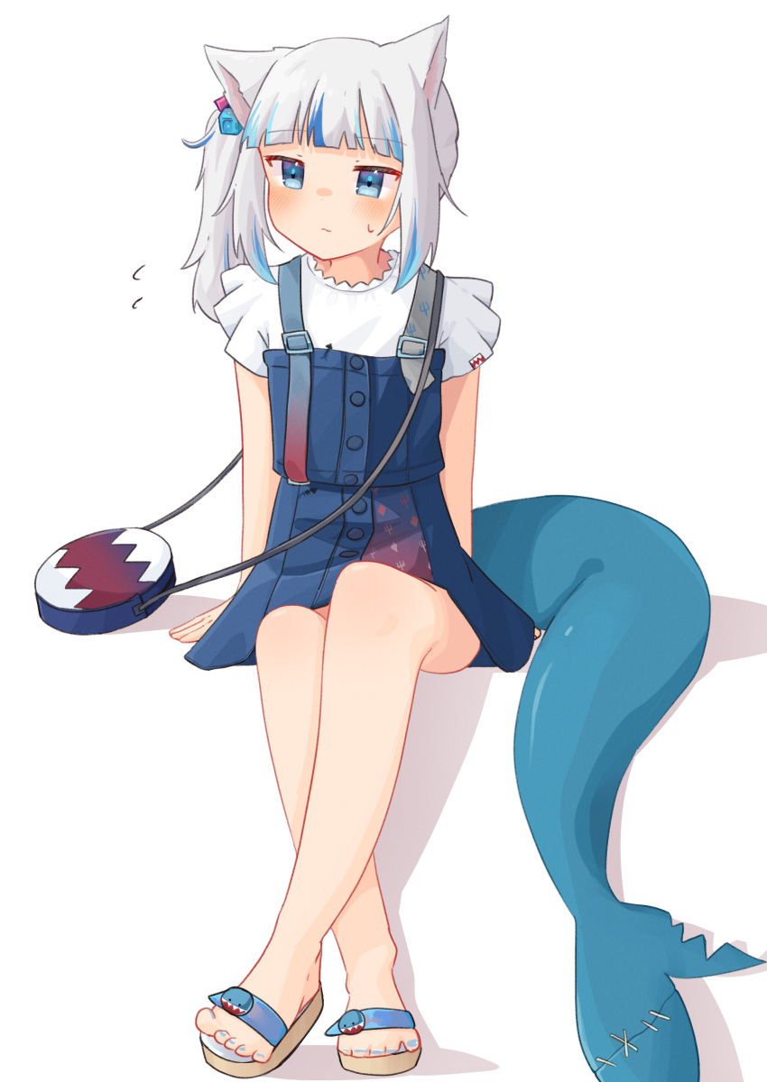 1girl, absurdres, animal_ears, bad_feet, bag, blue_eyes, blue_hair, blush, cat_ears, crossed_legs, fins, fish_tail, gawr_gura, highres, hololive, hololive_english, kurushiro1102, multicolored_hair, sandals, side_ponytail, simple_background, sitting, solo, sweatdrop, tail, two-tone_hair, virtual_youtuber, white_background, white_hair