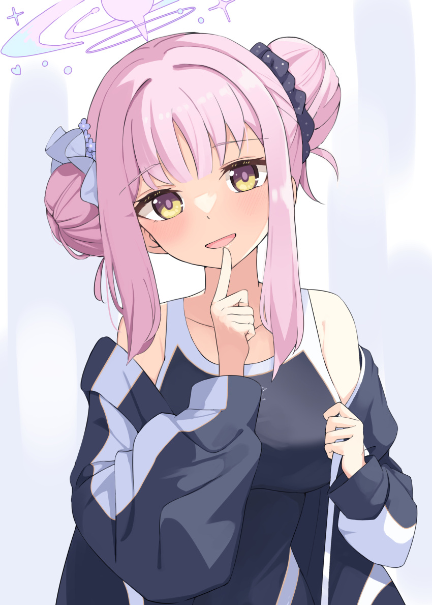 1girl, absurdres, black_one-piece_swimsuit, blue_archive, blush, breasts, double_bun, feza_chen_(ushaku)