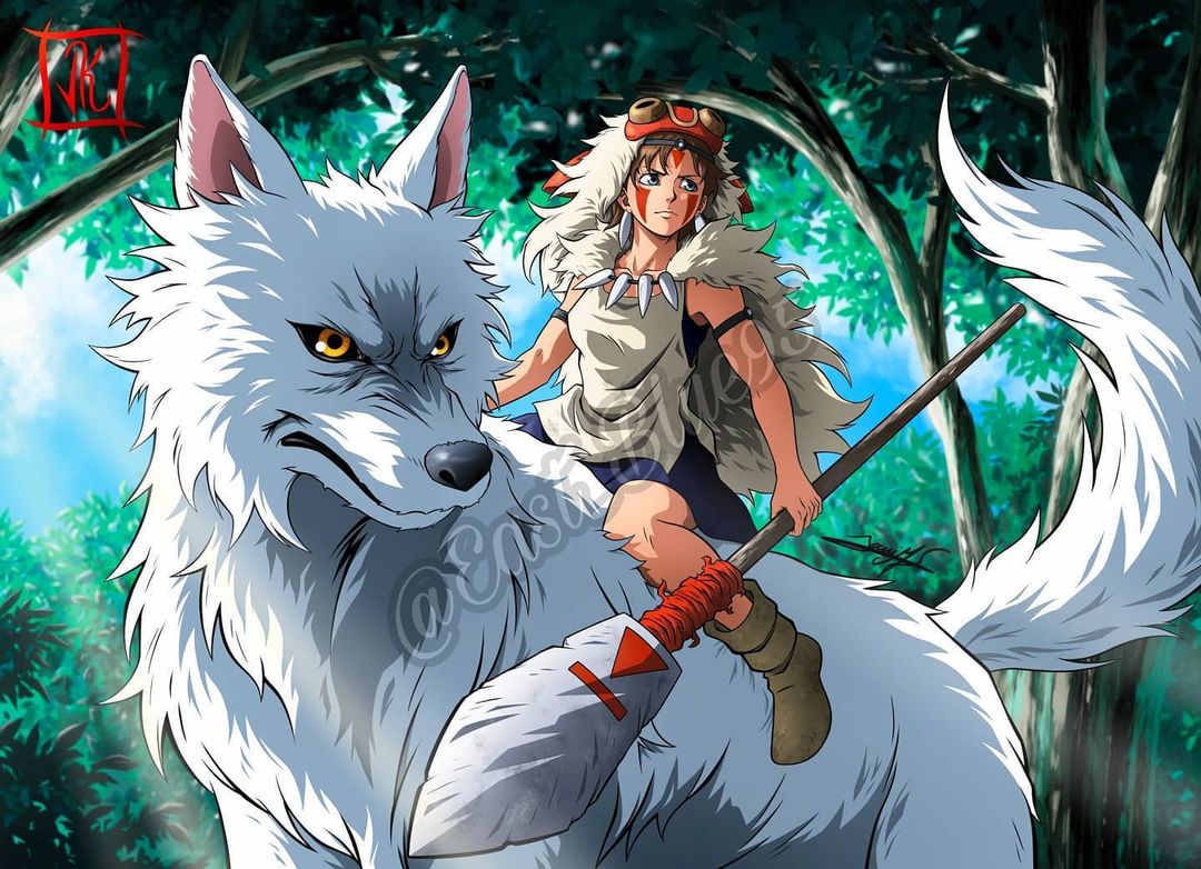 1girl, animal, armlet, bad_source, blue_eyes, blue_skirt, boots, cape, closed_eyes, derivative_work, earrings, eastblue_95, english_commentary, forest, fur_cape, holding, holding_weapon, jewelry, looking_to_the_side, makeup, mask, mononoke_hime, moro_no_ichizoku, nature, necklace, screencap_redraw, sitting_on_animal, skirt, tooth_necklace, tree, twitter_username, weapon, white_cape, wolf, yellow_eyes