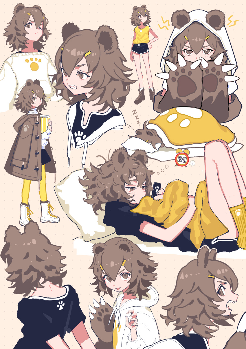 1girl, absurdres, animal_ears, bear_ears, bear_girl, bear_paws, brown_eyes, brown_hair