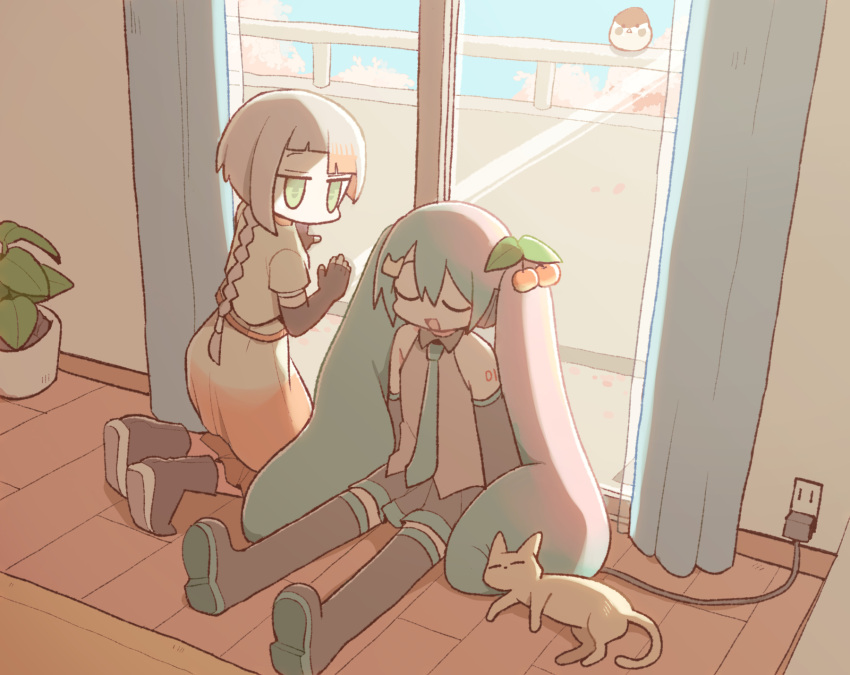 2girls, aqua_hair, aqua_necktie, asymmetrical_bangs, balcony, bare_shoulders, bird, black_footwear