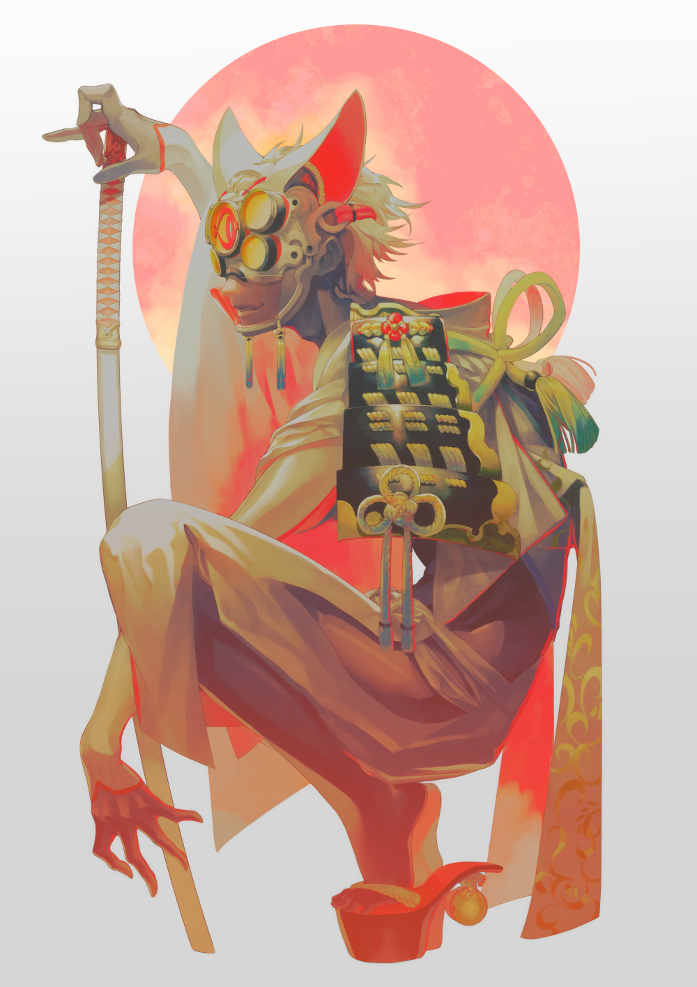 1boy, armor, dark-skinned_male, dark_skin, fasna, fox_mask, from_side, full_body