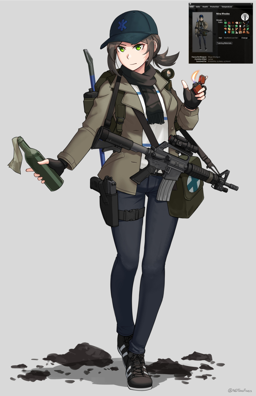 1girl, absurdres, aimpoint, aimpoint_3000, bag, baseball_cap, black_footwear, black_hat