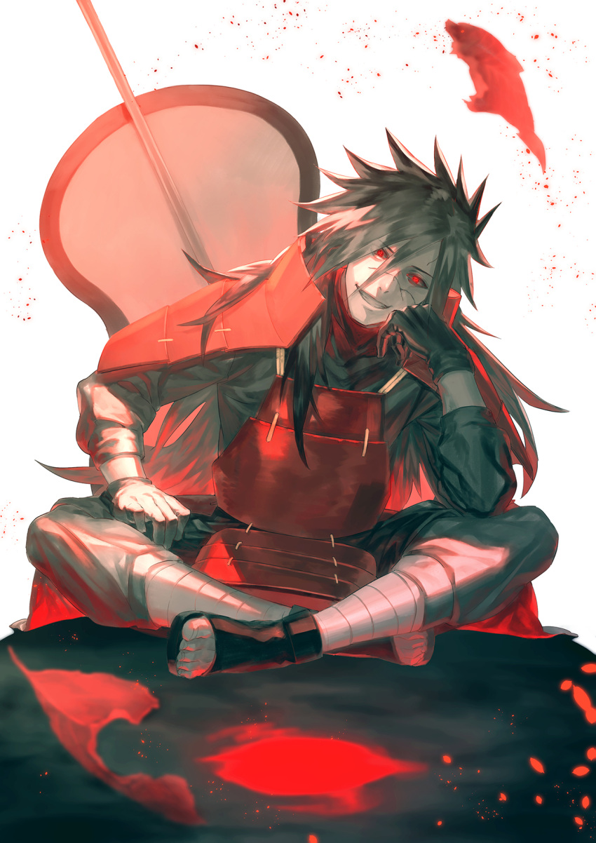1boy, armor, bandages, black_gloves, black_hair, cape, cloak, cracked_skin