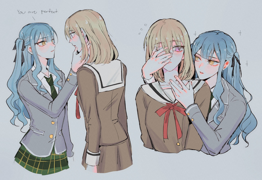 2girls, bang_dream!, bang_dream!_it's_mygo!!!!!, black_ribbon, blonde_hair, blue_hair, blush, brown_shirt