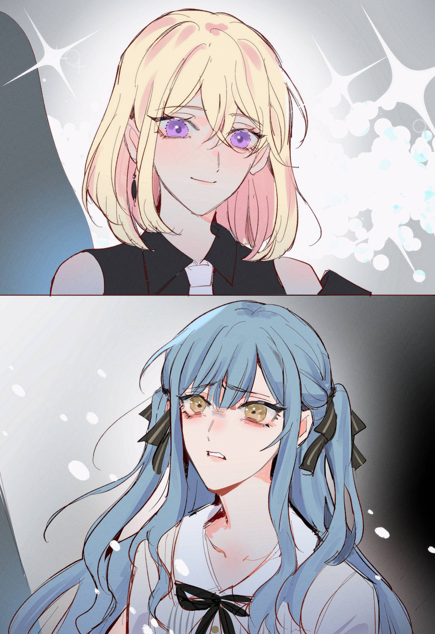 2girls, absurdres, bang_dream!, bang_dream!_it's_mygo!!!!!, black_ribbon, black_shirt, blonde_hair, blue_hair