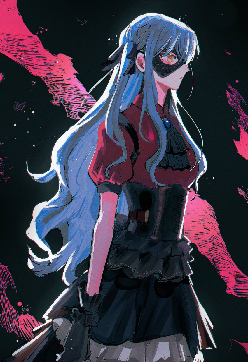 1girl, ascot, bang_dream!, bang_dream!_it's_mygo!!!!!, black_ascot, black_background, black_corset, black_gloves