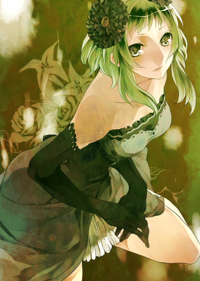 bad_id, dress, elbow_gloves, face, flower, gloves, green_dress, green_eyes