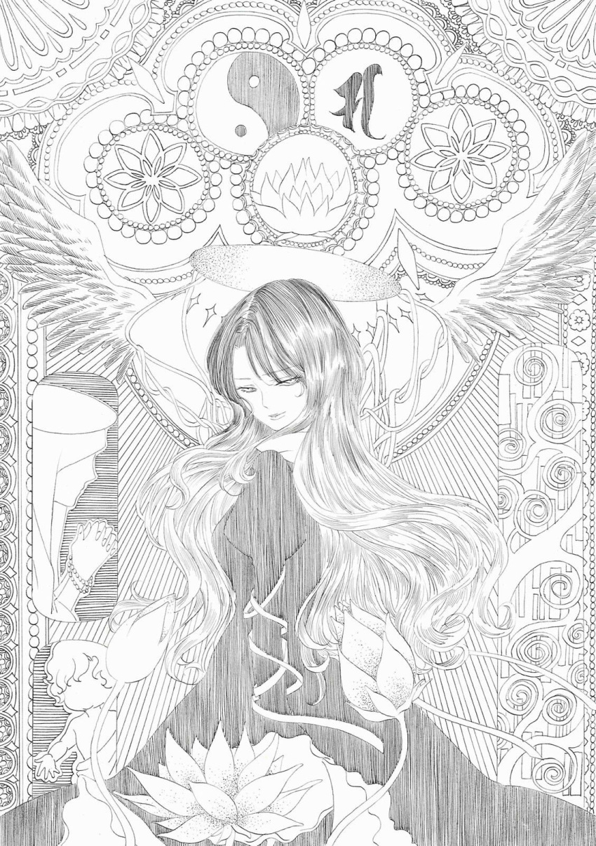 1boy, 1girl, beads, breasts, dress, feathered_wings, flower, gradient_hair, greyscale, halo, highres, hijiri_byakuren, long_hair, long_sleeves, looking_at_viewer, lotus, medium_breasts, monochrome, multicolored_hair, prayer_beads, touhou, traditional_media, uzuharu_(uduharu), wings, yin_yang