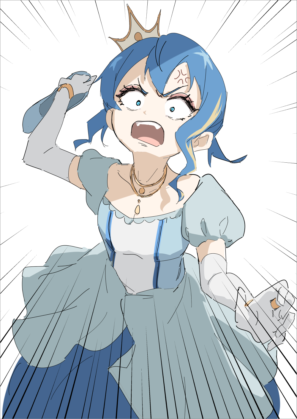 1girl, alternate_costume, alternate_hairstyle, anger_vein, angry, blonde_hair, blue_dress, blue_eyes