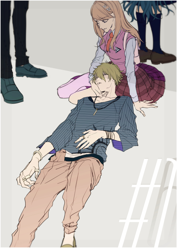 2boys, 2girls, akamatsu_kaede, amami_rantaro, backpack, bag, black_bracelet, black_pants, blonde_hair, blue_footwear, blue_hair, blue_shirt, blue_skirt, blue_sleeves, brown_footwear, brown_pants, closed_eyes, closed_mouth, collared_shirt, danganronpa_(series), danganronpa_v3:_killing_harmony, fingernails, foot_out_of_frame, full_body, green_footwear, green_hair, grey_background, hair_ornament, hand_on_another's_chin, hand_on_own_stomach, jewelry, kneehighs, legs, loafers, long_hair, long_sleeves, me_(lililico), medium_skirt, multiple_boys, multiple_girls, multiple_rings, musical_note, musical_note_hair_ornament, necktie, orange_necktie, pants, parted_lips, pendant, pink_bag, pink_vest, ring, saihara_shuichi, shade, shirogane_tsumugi, shirt, shoes, short_hair, simple_background, sitting, skirt, sleeves_past_elbows, socks, spoilers, striped_clothes, striped_shirt, vertical-striped_sleeves, very_long_hair, vest, white_bracelet, white_shirt, white_sleeves, yokozuwari