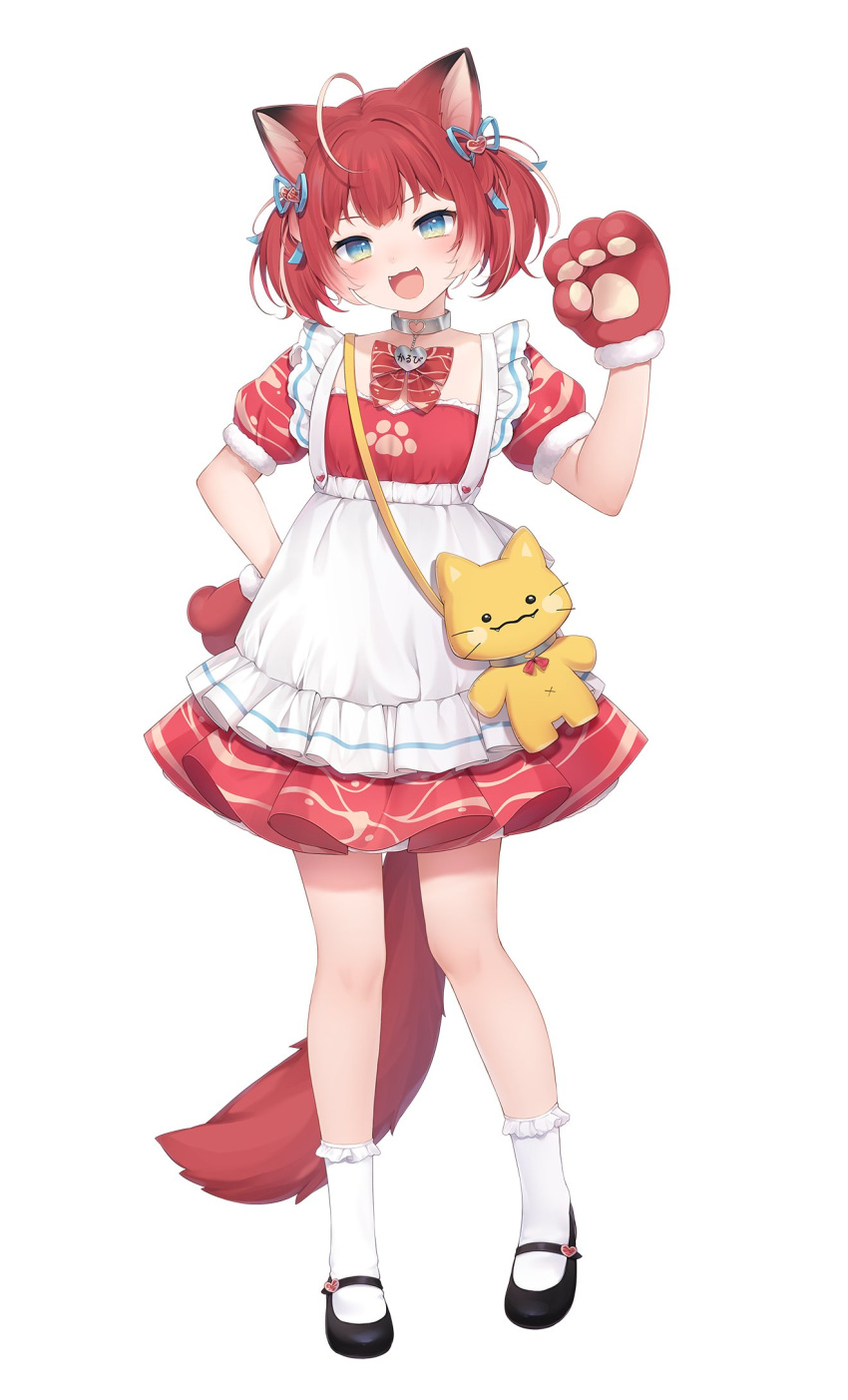 1girl, :3, ahoge, akami_karubi, amashiro_natsuki, animal_ears, animal_hands, apron, bag, black_footwear, black_hair, blue_eyes, blue_ribbon, blush, breasts, cat_ears, cat_hair_ornament, cat_tail, collar, commentary_request, dot_nose, dress, fangs, frilled_apron, frilled_skirt, frilled_socks, frills, full_body, gloves, hair_ornament, hair_ribbon, hand_on_own_hip, hand_up, handbag, heart, heart-shaped_ornament, heart_hair_ornament, heart_o-ring, heart_ring_choker, highres, indie_virtual_youtuber, knees, mary_janes, metal_collar, multicolored_eyes, multicolored_hair, open_mouth, pale_skin, paw_gloves, pleated_skirt, red_dress, red_fur, red_ribbon, redhead, ribbon, ribbon_hair_ornament, shoes, short_sleeves, simple_background, skirt, small_breasts, socks, solo, tail, thick_eyelashes, twintails, two_side_up, whiskers, white_apron, white_background, white_hair, white_socks, yellow_eyes