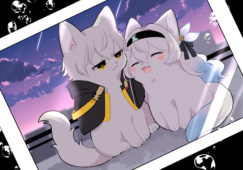 1boy, 1girl, animal_focus, animalization, black_hairband, blush_stickers, bow, bubble