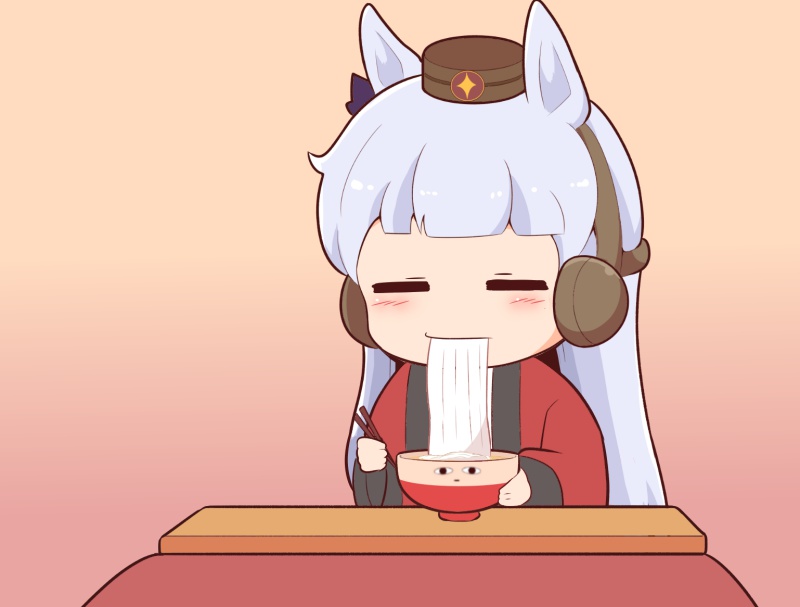 1girl, blush_stickers, bow, bowl, brown_background, brown_hat, chibi, chopsticks